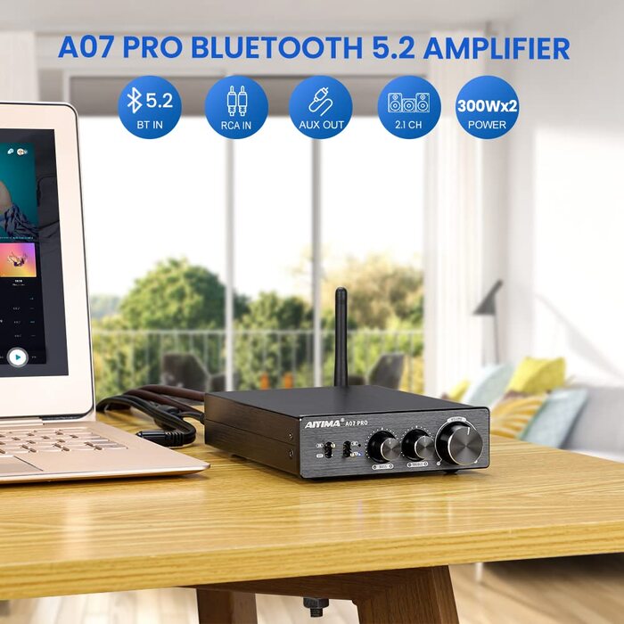 AIYIMA A07PRO TPA3255 міні підсилювач 2.0/2.1-канальний, 2×300 Вт, клас D, Hi-Fi стерео, Bluetooth 5.2, з регулюванням басів і високих, для настільного використання