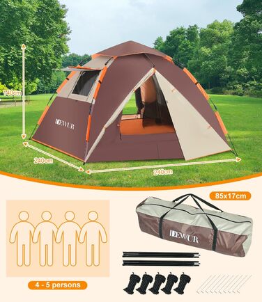 Намет кемпінговий Dewur Pop-up для 4 осіб, водонепроникний, сімейний, двошаровий з москітними сітками, для туризму та відпочинку