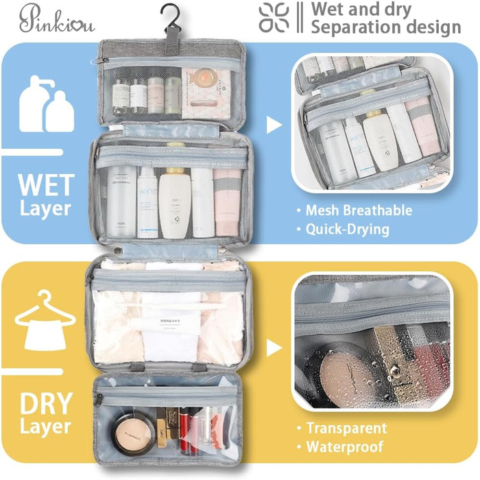 Кришталево-сіра дорожня косметичка Pinkiou з гачком для підвішування - велика, водонепроникна, для жінок