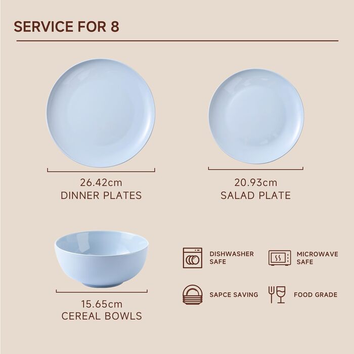 Сервіз HIKAA на 6 осіб, 24 елементи, з кісткового фарфору, набір тарілок, сумісний з мікрохвильовою піччю та посудомийною машиною, сервіз для дому, весілля, легкий та довговічний (блакитний)