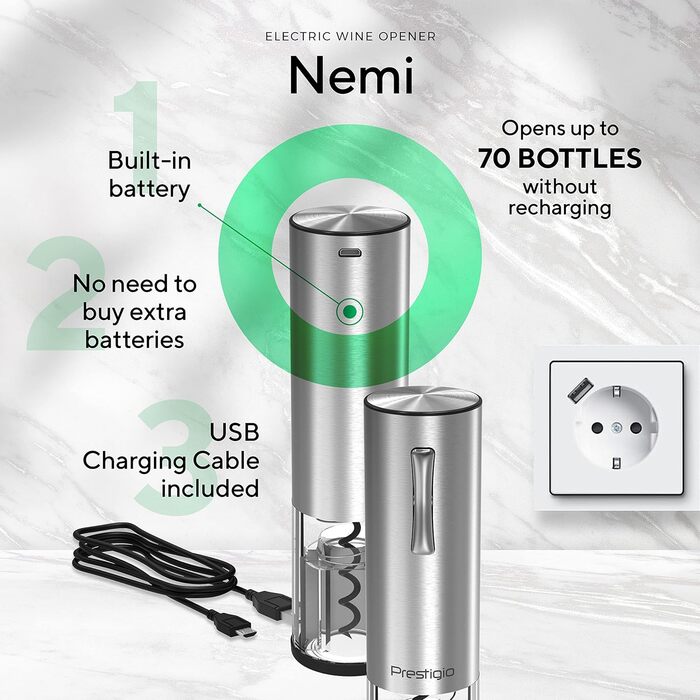 Premium Electric Wine Opener with Charging Station - Integrated Foil Cutter - Packaged in a High-Quality Gift Box - Black/Silver (Nemi - Silver)
