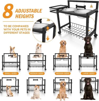 Підвищені годівниці для собак Angeloyang з колесами, з нержавіючої сталі, регульовані, 8 рівнів висоти, 16-36 см, для середніх та великих собак, з повільним дозатором корму та мисками з нержавіючої сталі, з можливістю зберігання та колесами