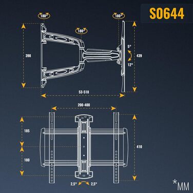 Настінний кронштейн для телевізора RICOO S0644, поворотний та нахильний, для Smart TV та вигнутих екранів 32-55 дюймів, до 35 кг, VESA 400x400 мм
