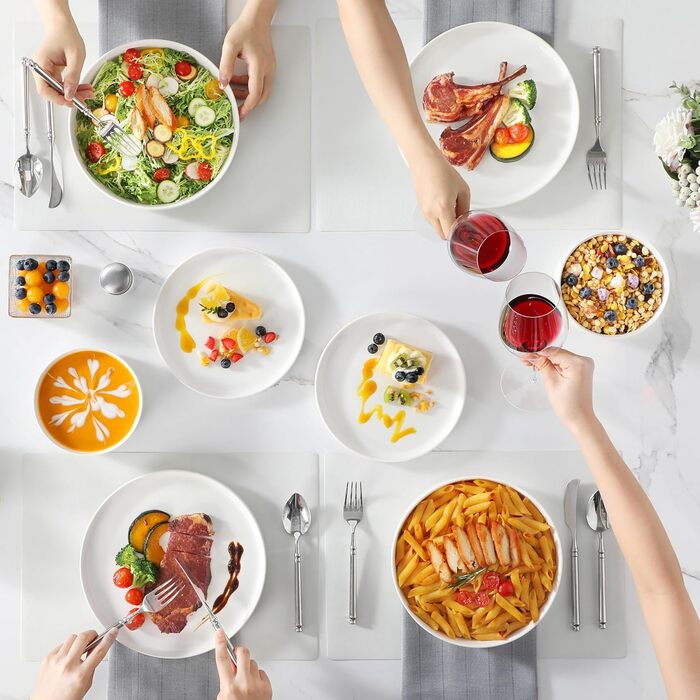 MALACASA, Leah Series, Dinnerware Set for 4 People, 12-Piece Porcelain Tableware Set Combination Set White, Dishware with Raised Edge consisting of 4x Dinner Plates, 4x Dessert Plates, 4x Cereal Bowls White, 12-Piece