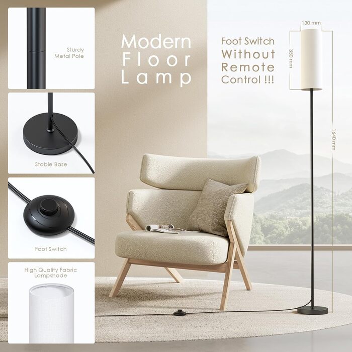 Світлодіодна торшер 9W з регулюванням яскравості, 3 колірні температури, Е27, абажур з льону, вимикач на корпусі, вінтажний дизайн, сірий