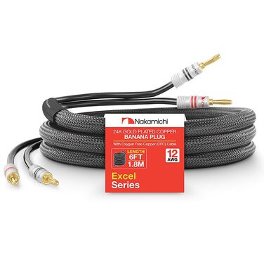 Акустичний кабель Nakamichi з банановими конекторами 24K, 12AWG, 1.8м, безкиснева мідь (OFC), обплетення — Чорний