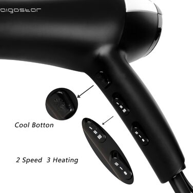 Фен Aigostar Monique 2400W з іонізацією, професійний, чорний, з насадкою-дифузором та аксесуарами