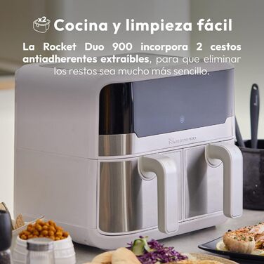 Аерофритюрниця MasterPRO Rocket Duo 900, 9 л, 2400 Вт, подвійна чаша, біла, 11 програм, LED-дисплей, антипригарна корзина