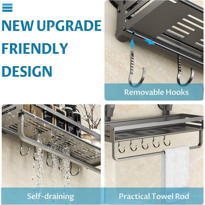 Поличка для душу Onemake з присосками, регульована, з гачками, органайзер для ванної кімнати з тримачем для рушників, матовий чорний (40 см, 1 шт.)