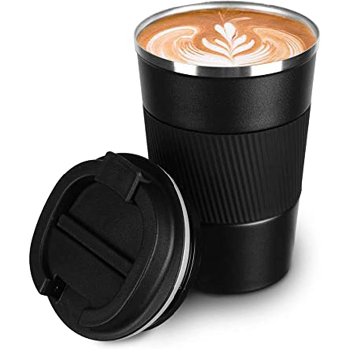 Термочашка-термоізольована чашка з нержавіючої сталі, 380 мл, чорна. Зручна термочашка для подорожей, авто, води, чаю, кави. Подвійні стінки, вакуумна ізоляція, без витоку, з кришкою