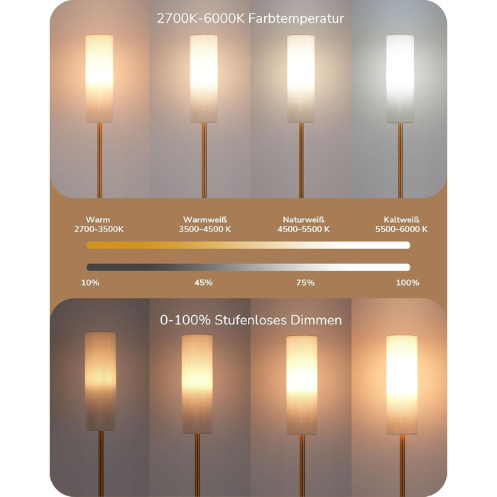 LED торшер Edishine для вітальні та спальні, 165 см, з пультом, диммування, 3 колірні температури (3000K-6000K), золото, E27