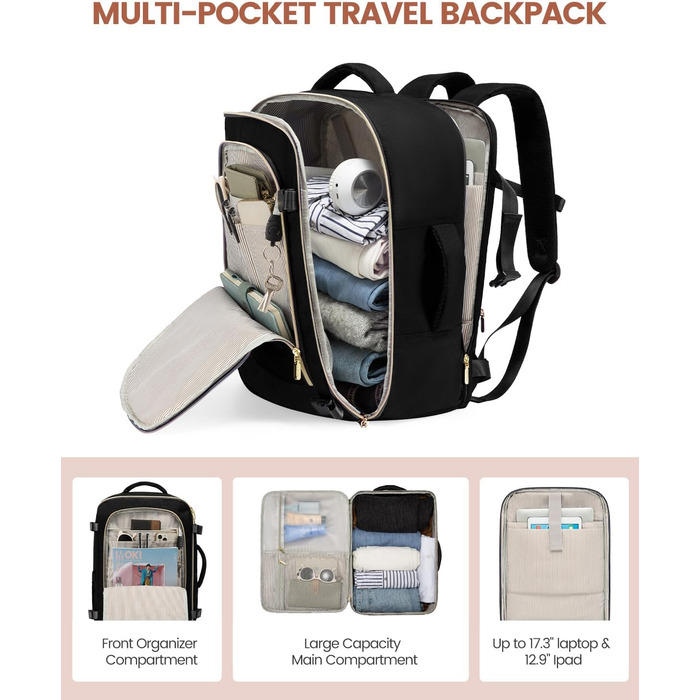 Рюкзак LOVEVOOK для ручної поклажі в літак, 40L, водонепроникний, з відділенням для взуття, для ноутбука 17.3 дюймів, чорний