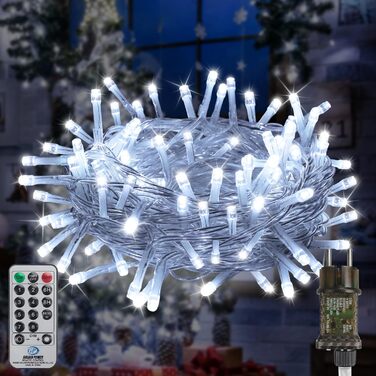 Різдвяна гірлянда з пультом дистанційного керування, 10 м, 100 LED, вологостійка для зовнішнього використання, 8 режимів. Ідеально підходить для садів, вечірок, терас та балконів, святкова декор. (Холодне біле світло, 10м, 100 LED)