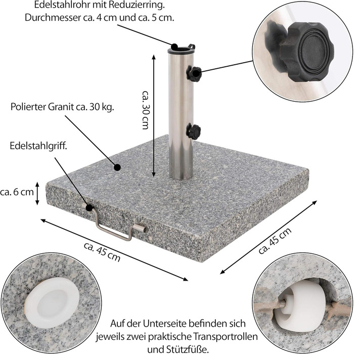 Nexos Parasol Stand 30kg Polished Granite Stainless Steel Square 45 x 45 cm Parasol Stand with Handle and Wheels