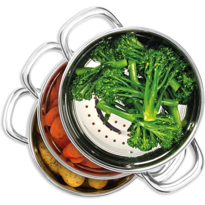 Salter Timeless 3-рівневий паровар з нержавіючої сталі – 18 см, з ручками та скляною кришкою, антипригарне покриття, для індукційних плит