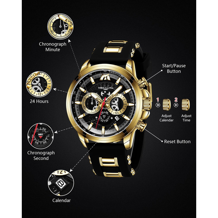 Чоловічий годинник MEGALITH Chronograph: Аналоговий водонепроникний годинник з датою та світосвітним покриттям. Великий кварцовий годинник - подарунок для спортивних чоловіків (A2-чорний)