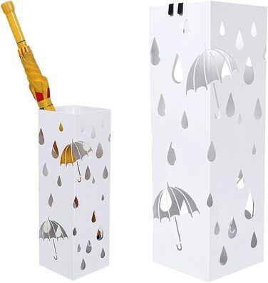 Bakaji Metal Umbrella Stand with Water Tray - White, Square Design, 49x15.5x15.5cm