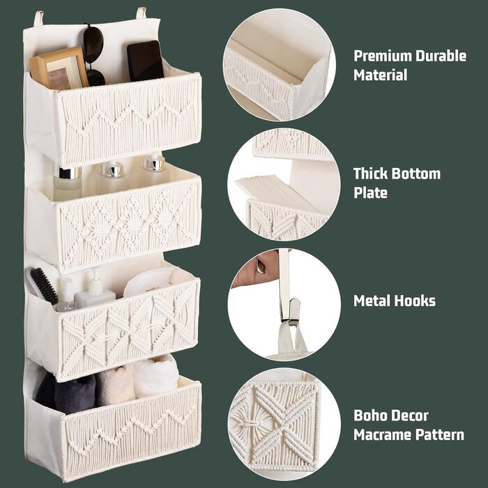 Органайзер для дверей з 4 кишенями, Бохо декор, настінне кріплення, для спальні, дитячої кімнати, ванної кімнати, слонова кістка