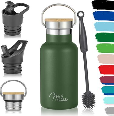 Фляга з нержавіючої сталі Milu 350/500/750/1000 мл (+3 кришки) з трубочкою, термос, ізольована пляшка для води, дитяча, доросла, для подорожей, без витоку (оливковий, 350 мл)