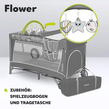 Дитяче ліжечко-манеж Lionelo Flower 4в1 з боковим входом, пеленатором, двома рівнями висоти, ігровою дугою, колесами та сумкою, світло-сірий
