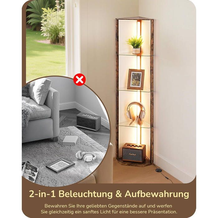 Стійка лампа EDISHINE з 4 полицями з дерева, LED диммер, 3 кольори світла, поворотний світловий маніпулятор, підсвічування полиць, регулювання яскравості, футовий вимикач, для вітальні (Вінтаж-коричневий+скло)