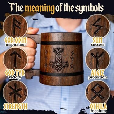 Дерев'яний кубок Wikinger 0.6 л з дуба, коричневий - середньовічний кубок для пива, кружка, глечик з гравіюванням молота Тора, рунами. Ідеальний подарунок для любителів пива, дерев'яний кубок, Валентин, подарунок для чоловіків, ретро, коричневий