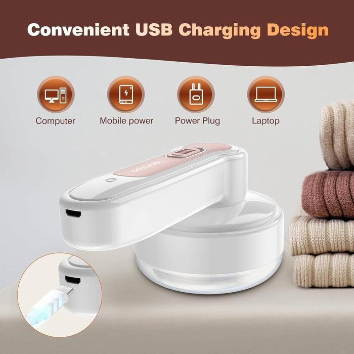 Електричний видальник ворсу для одягу з 3 лезами, портативний, USB, для тканини, ковдр, светрів (білий)