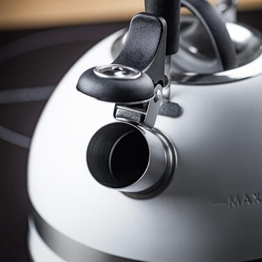 Чайник Kinghoff 1.8L з нержавіючої сталі з свистком, для індукційних плит, компактний, з нержавіючої сталі, матовий білий