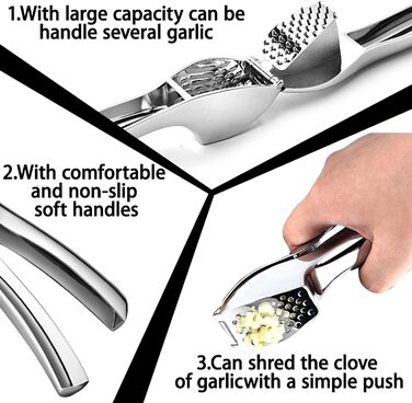Прес для часнику з нержавіючої сталі, подрібнювач часнику та імбиру, преміум якість, легко миється, для кухні