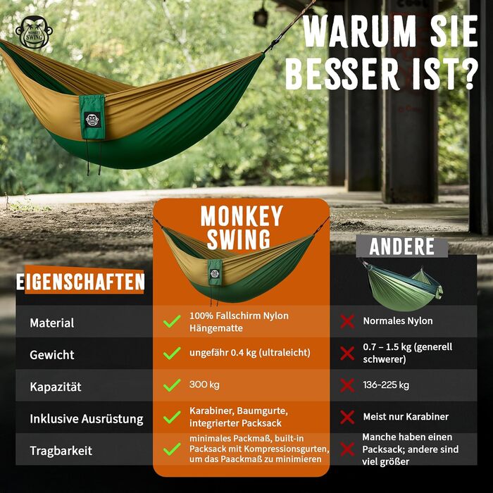 Гамак Ultraleicht: легкий, міцний, для кемпінгу та подорожей (зелений/хакі) – до 300 кг, 275 x 140 см