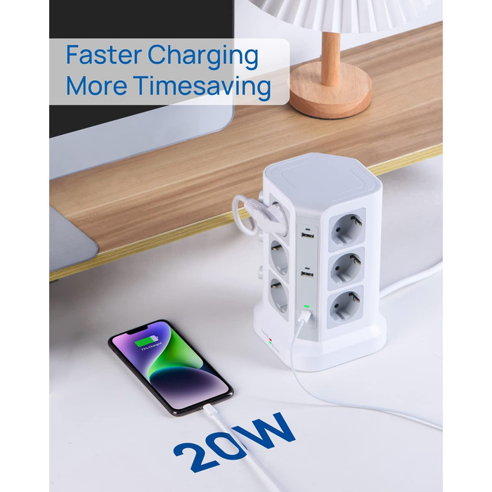 Стедова вежа KOOSLA з 12 розетками, захистом від перенапруги (4000W/16A), 6 USB-портів (20W USB-C), 2м, для офісу, кухні, столу (білий)