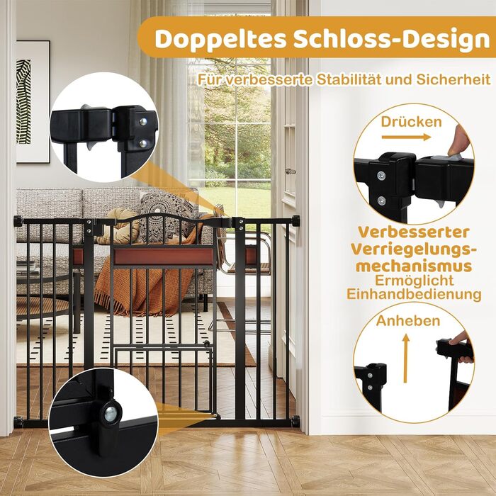 Захист для дверей Costway для собак, 74-104 см, 76 см висота, з маленькими дверцятами, 2 розширення, автозакривання та подвійний замок, без свердління, розсувне захисне ґратка для собак (Білий/Чорний)