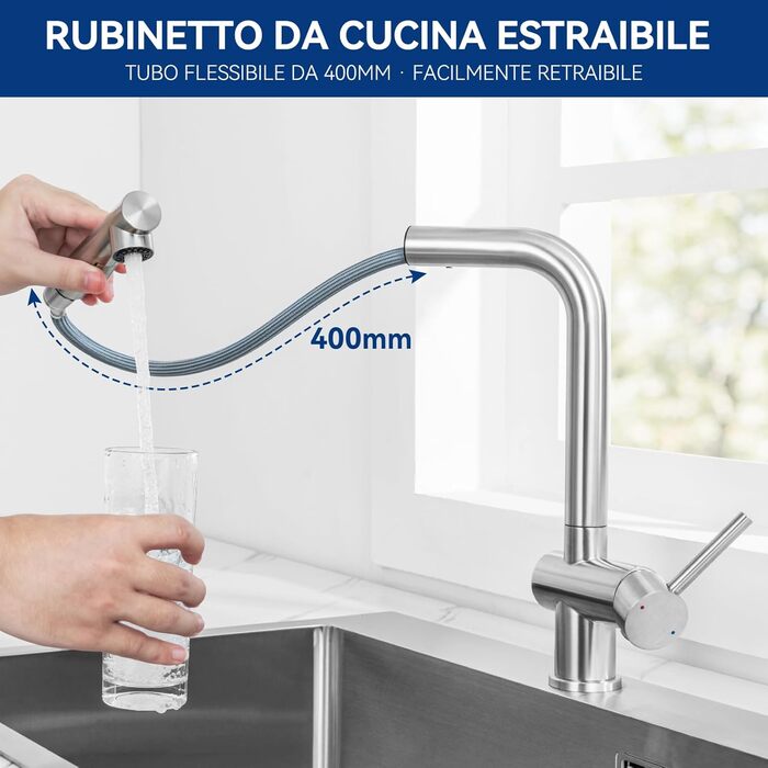 Змішувач кухонний CECIPA Hochdruck, висувний, з дозатором води, чорний, нержавіюча сталь, 360° поворот, ×207B (L-подібний, для високого тиску)