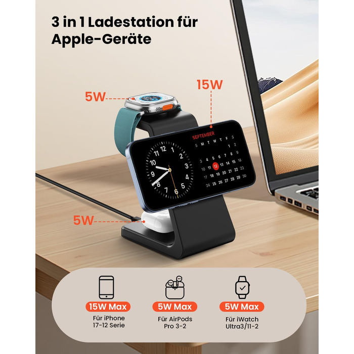 Зарядний пристрій GEEKERA 3 в 1 з підтримкою Qi2, 15W, для iPhone, Apple Watch, AirPods, чорний