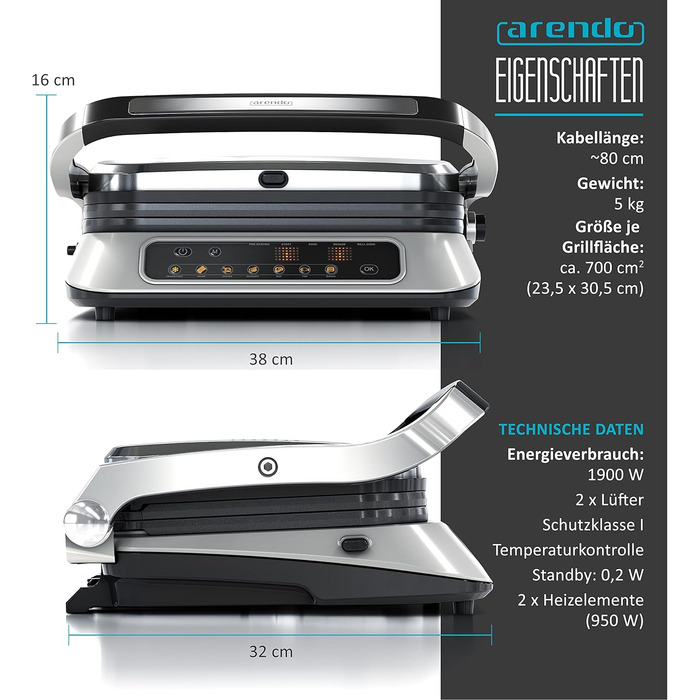 Arendo Electric Grill with Digital Control - 1900W Multi-Function Grill & Sandwich Maker - Stainless Steel, 7 Programs, Easy Clean