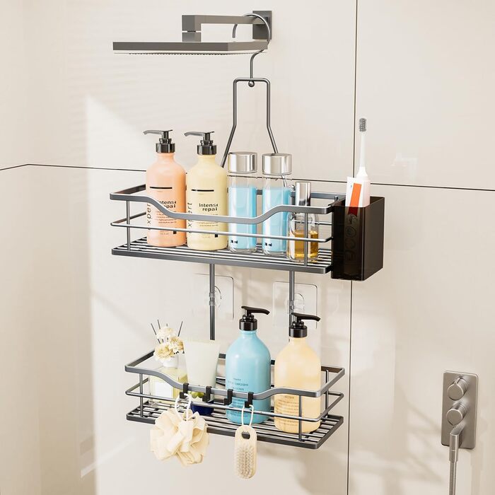 Настінна поличка для душу HapiRm з 4 гачками - поворотна 360°, органайзер для шампуню та мийних засобів, сріблястий