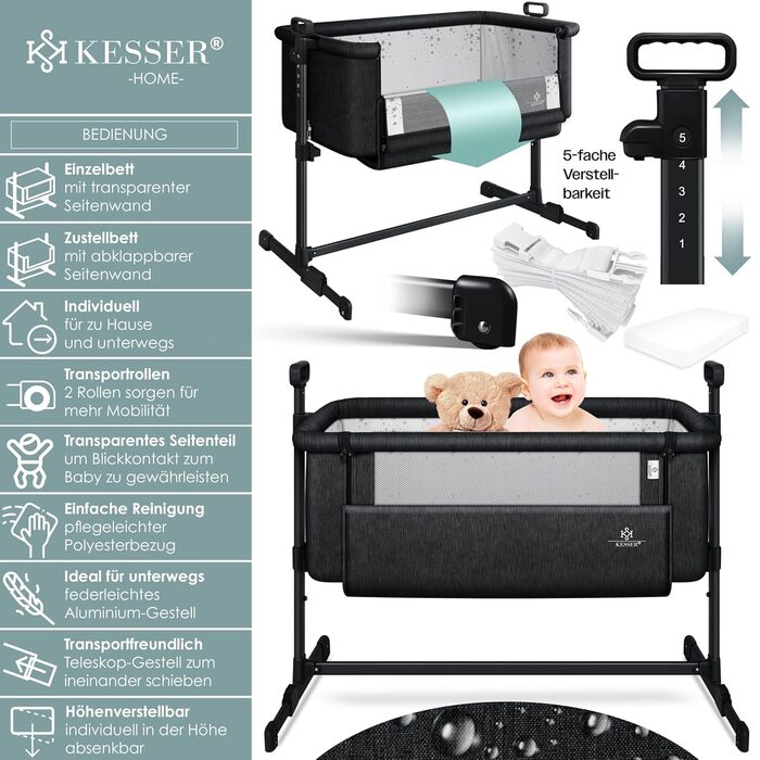 KESSER® Hubi 3in1 Delivery Bed, Baby Bedside Bed, Travel Bed, Baby Bed with Soft Mattress, Mobile Bed with Wheels, 5-Level Height Adjustment, Foldable Side Rail for Home and On the Go, Beige