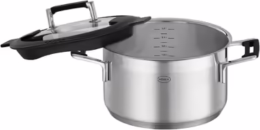 RÖSLE SILENCE PRO Cooking Pot, High-quality universal pot made of stainless steel 18/10, 24 cm, glass lid, internal scale, induction-compatible, dishwasher-safe, Silver/Black Ø 24 cm Cooking Pot