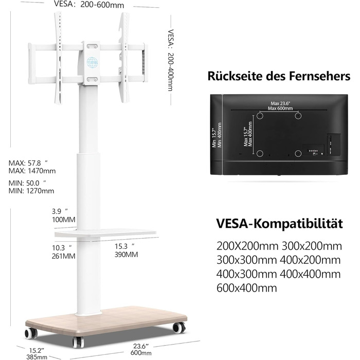 FITUEYES Rolling TV Stand with Wood Shelf - Adjustable Height & Swivel - Fits 32-70 inch TVs up to 40kg, VESA 400x600 - White