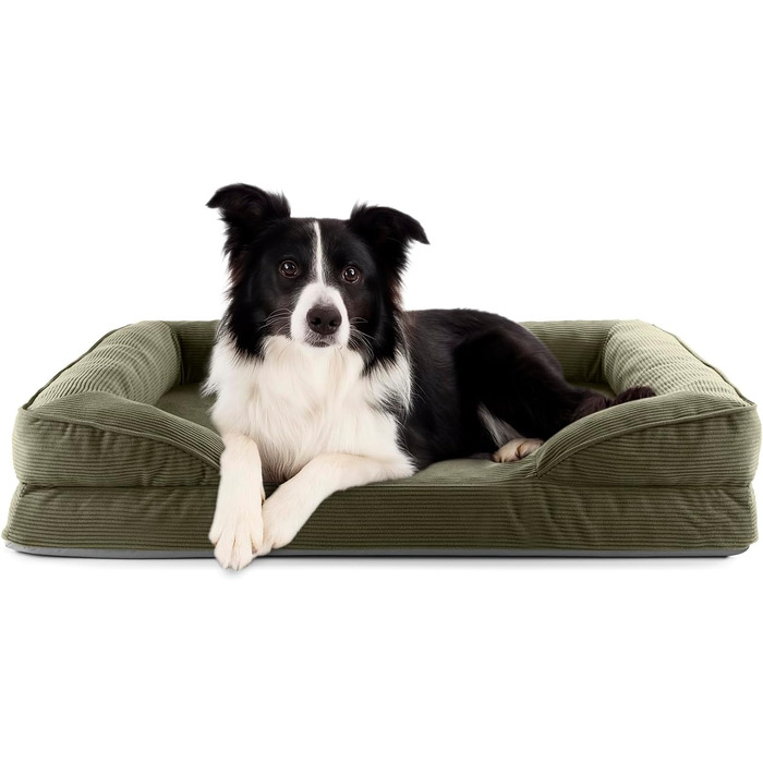Ортопедичне ліжко для собак Lumaland з корду | Софа для собак 70x60 см - для маленьких собак | Нековзне дно | Зручна наповнювач та знімне прання | Корзинка для собак з Memory Foam Cord - Оливковий (Cord - Оливковий, 90 x 65 см - M)