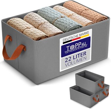 TOPP4u Storage Box Set Premium, 3-Piece, 40x28x20 cm, Extra Stable Storage Boxes with Metal Frame & Wooden Bottom, Foldable Closet Organizer, Boxes for Wardrobe, Large Storage Box, Grey