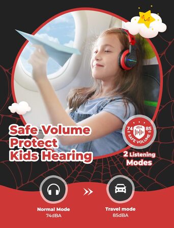 iClever Бездротові навушники для дітей з LED-підсвіткою, Over-Ear, Bluetooth 5.2, мікрофон, BTH12 (Чорний/Червоний)