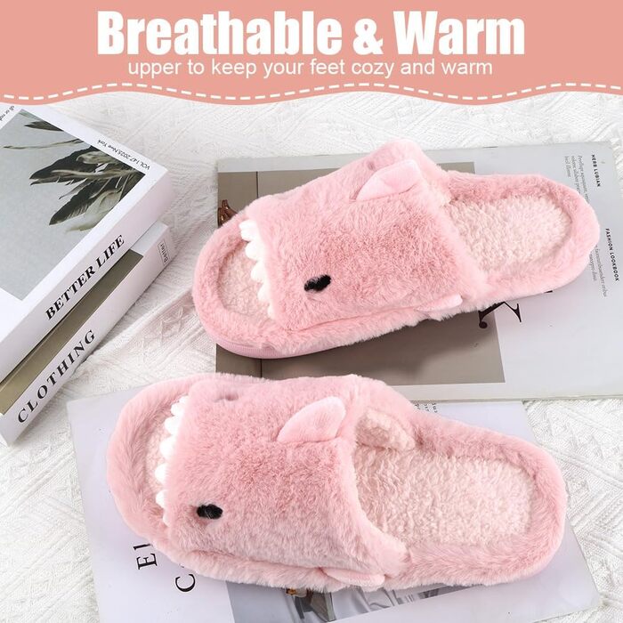 Тапочки жіночі OFFCUP Fuzzy, з відкритим носком, у вигляді акули, антиковзкі, м'які, зручні, з піною Memory, з хутром, для дому та вулиці (42/43 Рожеві)
