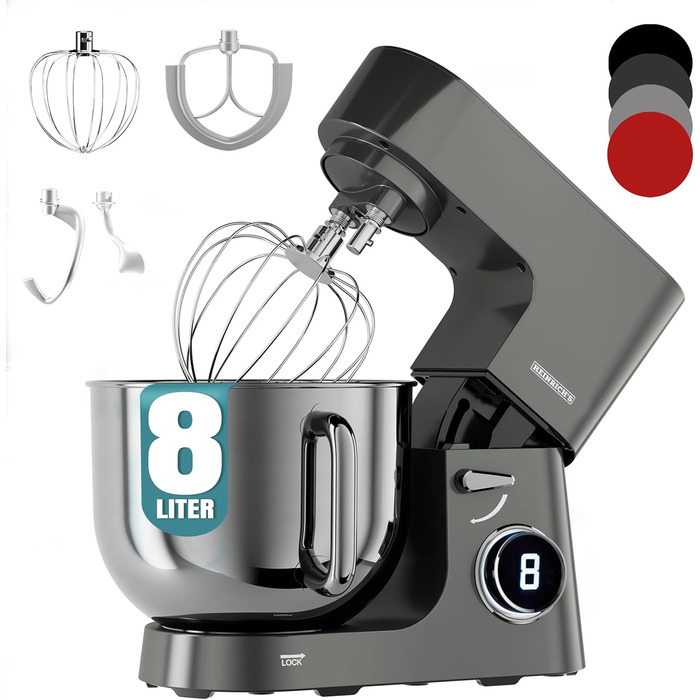 Кухонна машина Heinrichs 2500W з двома гаками для тіста, міксером та вінчиком, 8 швидкостей, чаша 7л з нержавіючої сталі, тиха, з титановим покриттям