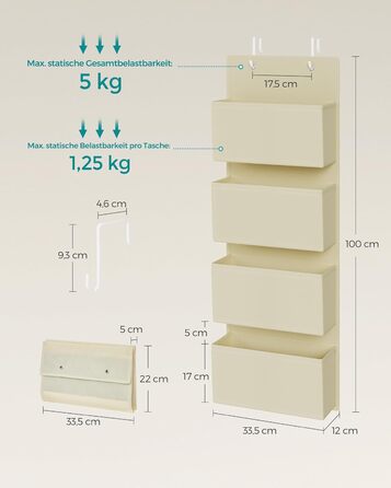 Організатор для шафи SONGMICS з 4 кишенями, настінний, для зберігання, на двері, спальня, вітальня, 2 x 33,5 x 00 см, RDH04G (1, Бежевий)