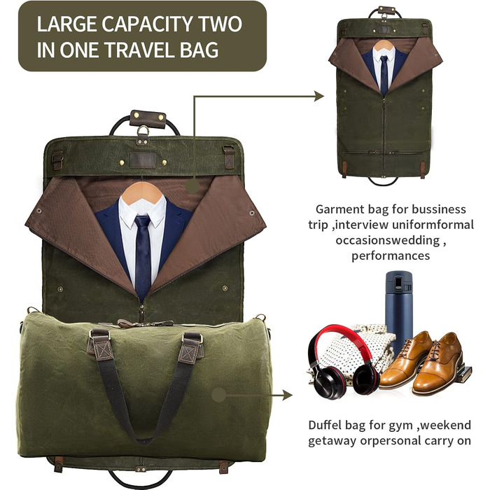 Сумка-чохол для одягу 2-в-1 Canvas Leder American Casual (Віск, Армійсько-зелений) для подорожей та бізнес-поїздок з плечовим ременем