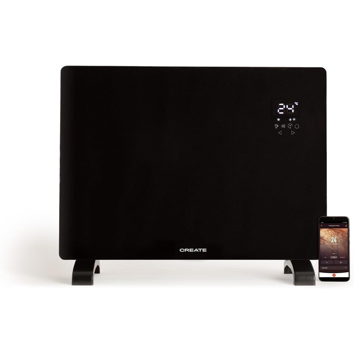 Електричний конвектор CREATE/WARM Crystal 2000W з WiFi, LED-сенсорний екран, 2 режими (1500W, Чорний)