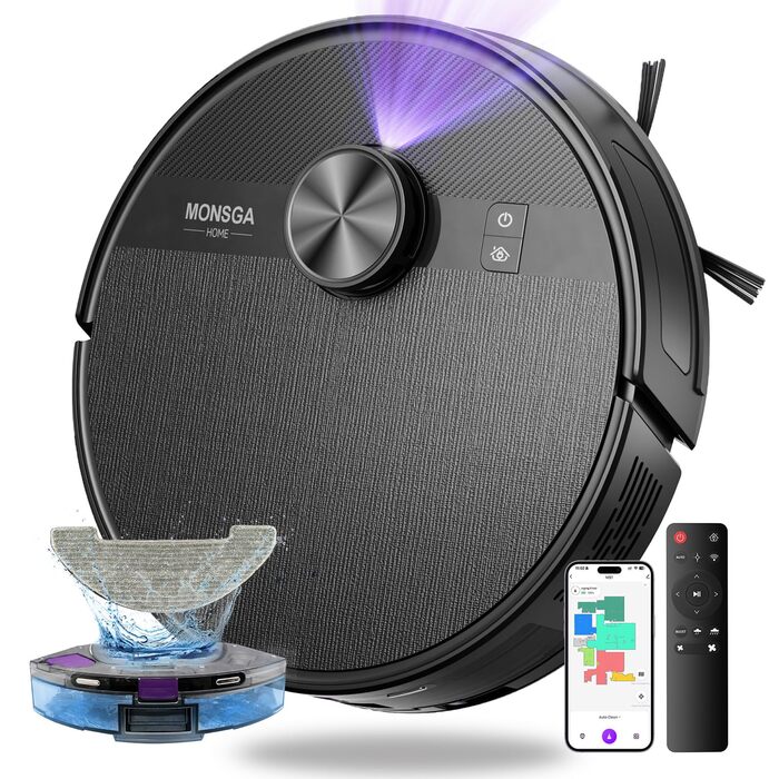 Робот-пилосос MONSGA з функцією миття, потужність 5000Pa, час роботи 180 хв, система захисту від спутання, навігація LiDAR, для килима, шерсті тварин, керування через додаток та пульт (чорний)