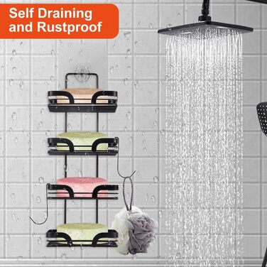 Tefola Soap Holder, 4-Tier Wall Mounted Soap Sponge Holder, Soap Dish for Shower with Two Single Hooks, Adhesive, Drill-Free Soap Holder, Stainless Steel Soap Holder (Black)