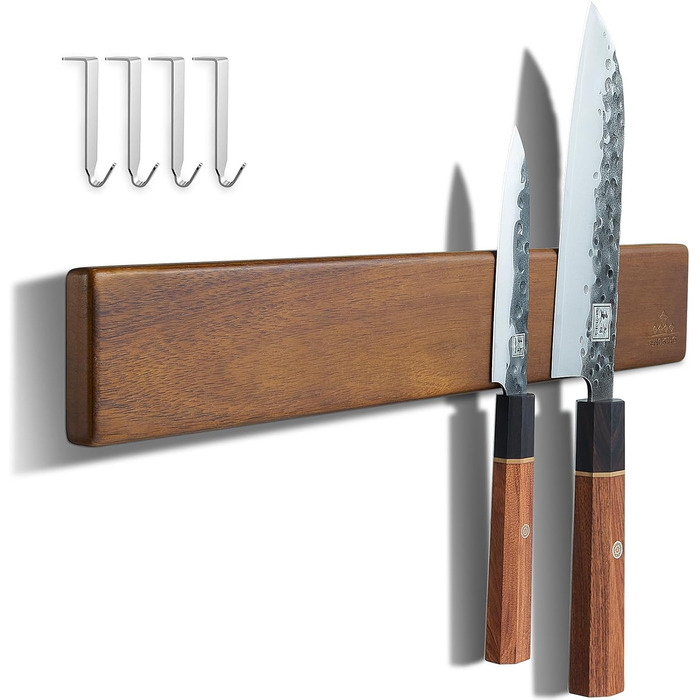 ENOKING Magnetic Knife Rail 40 cm, Magnetic Knife Block without Knives, Magnetic Knife Holder made of Acacia Wood with 4 Hooks